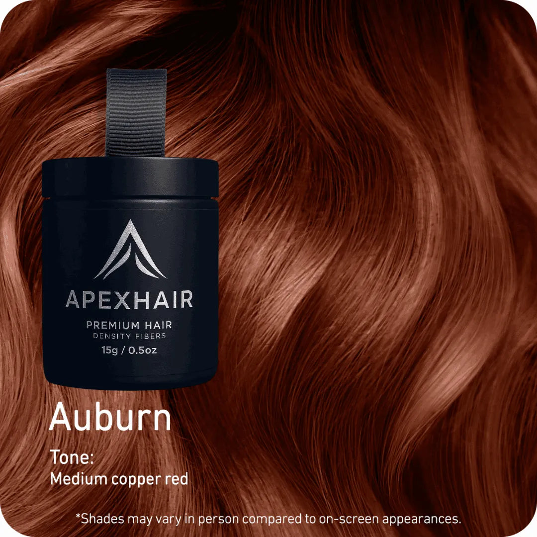 ApexHair product container with Auburn hair color on a brown hair background
