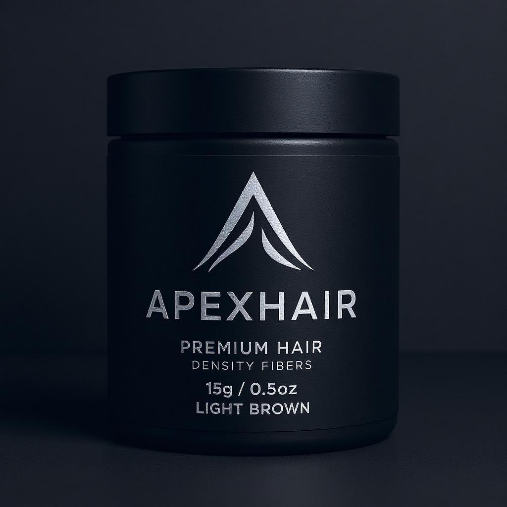 Black container of ApexHair hair density fibers on a dark background