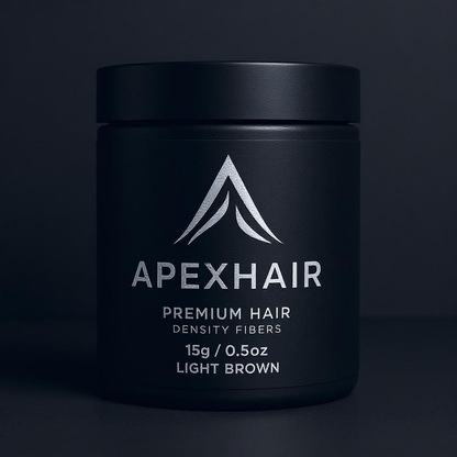 Black container of ApexHair hair density fibers on a dark background