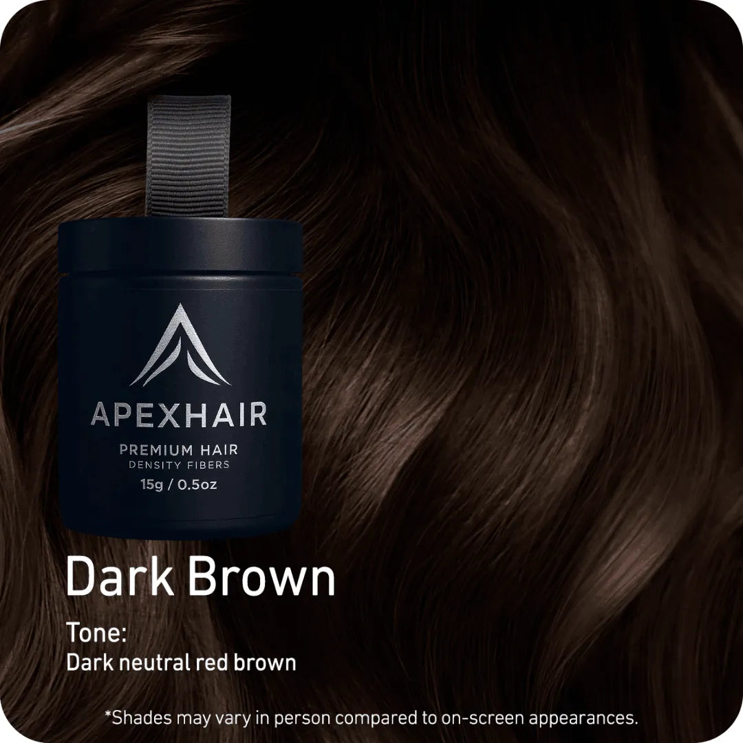 ApexHair product container with dark brown hair on a dark background