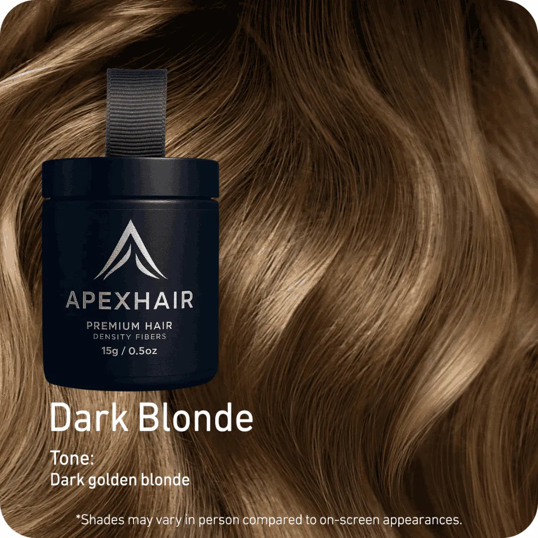 ApexHair product container with dark blonde hair on a brown background