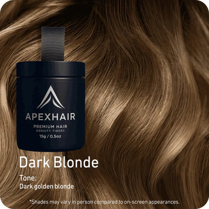 ApexHair product container with dark blonde hair on a brown background
