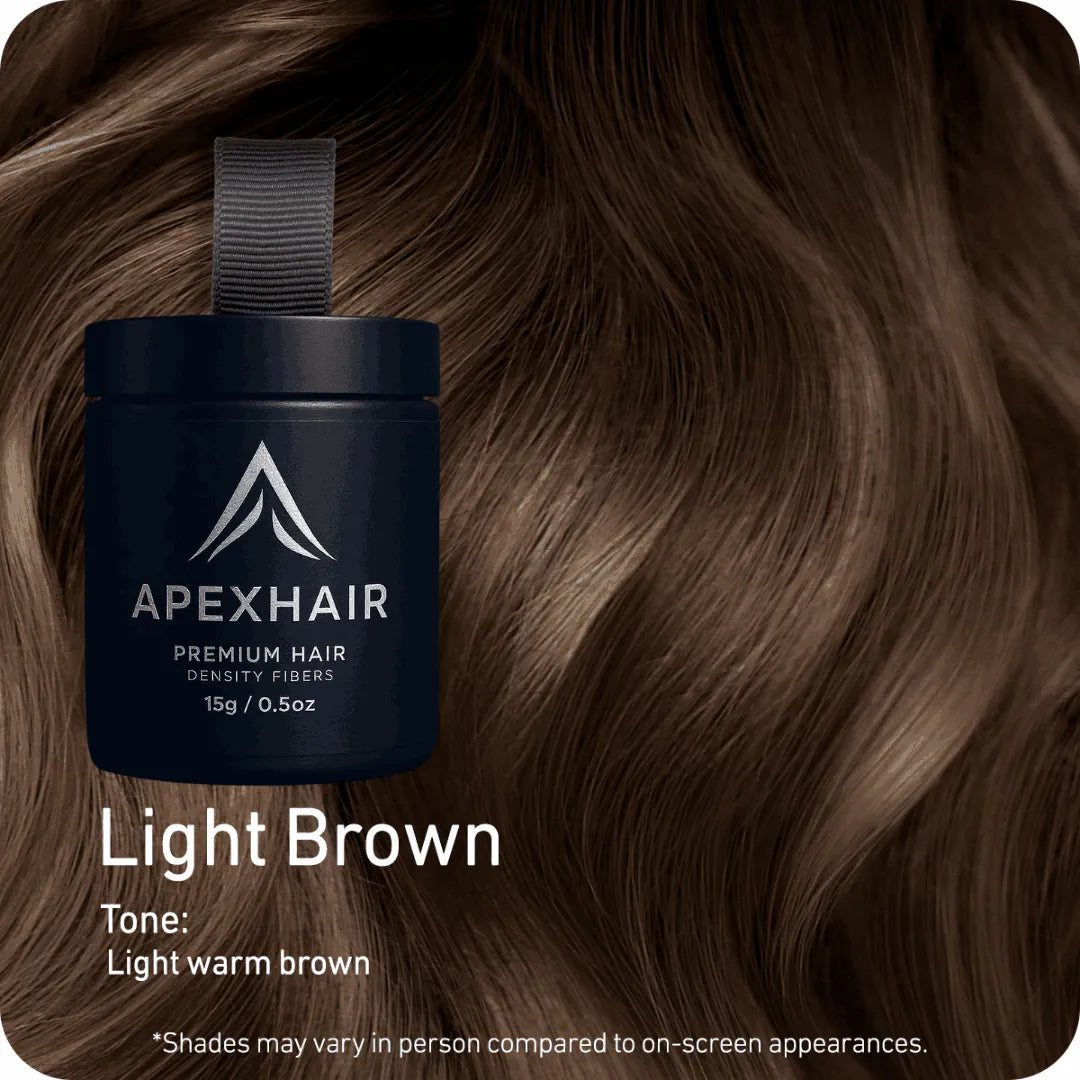 ApexHair product container with light brown hair fibers on a dark background