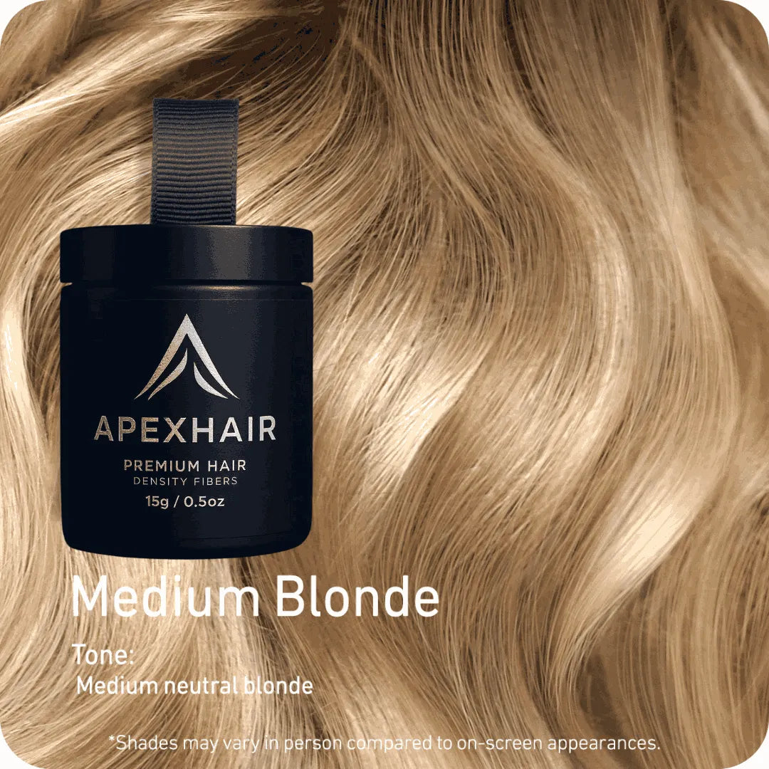 ApexHair product container with medium blonde hair on a light brown background