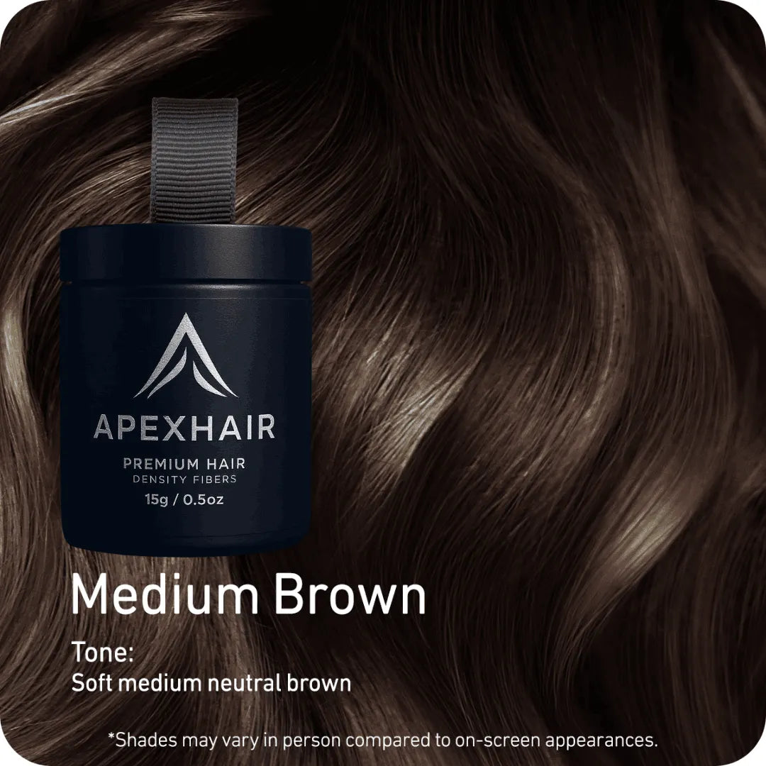 ApexHair product container with medium brown hair fibers on a dark brown hair background