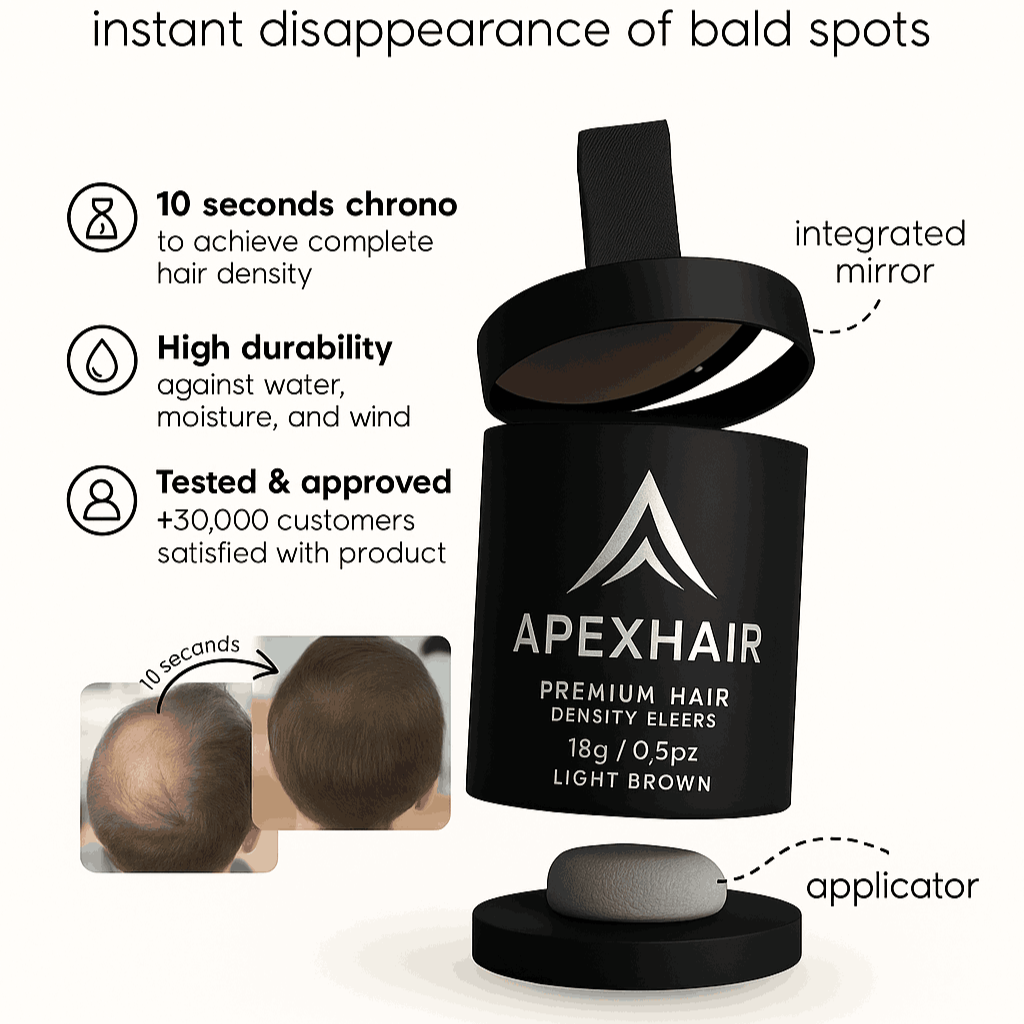 APEXHAIR hair density elvers with packaging and applicator on a white background