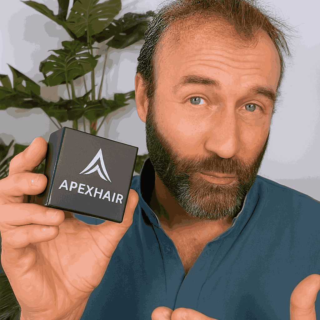Man holding an ApexHair product box with a plant in the background
